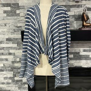 Chico's Size 4 Blue & White Striped Polyester Blend Open Front Cardigan